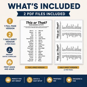A blue and white promotional graphic displaying two PDF versions of the printable this or that game, showing both a full-page layout and a half-sheet version. This office party game is designed for versatility in any setting. It serves as a great easy party starter game for diverse groups looking for simple, effective team building activities.