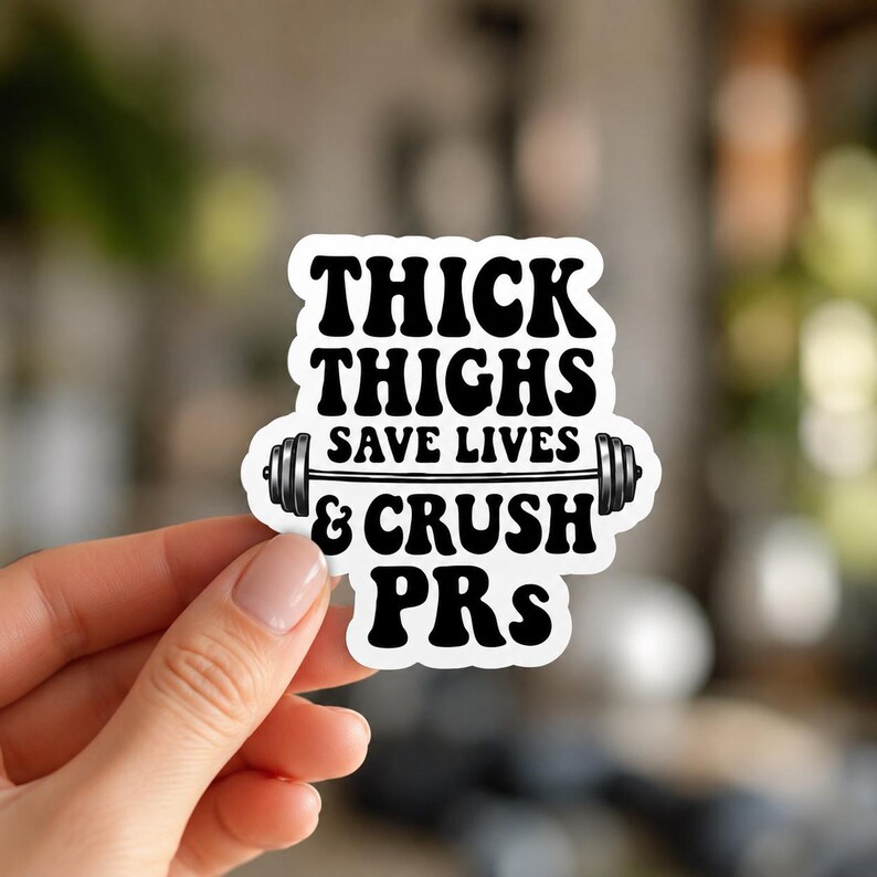 A hand holding a white sticker with black text and a barbell graphic that reads THICK THIGHS SAVE LIVES & CRUSH. This humorous design is a standout piece in the powerlifting decals for women collection.