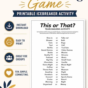 A promotional graphic for a printable this or that game with a white background and navy blue and gold accents, listing various preference choices. This office party game is designed for easy printing and immediate use. It is a perfect icebreaker game for any group activity.