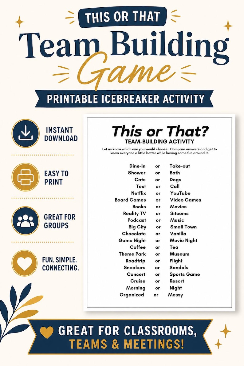 A promotional graphic for a printable this or that game with a white background and navy blue and gold accents, listing various preference choices. This office party game is designed for easy printing and immediate use. It is a perfect icebreaker game for any group activity.