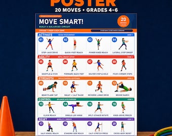 PE Exercise Poster Printable, 20 Fitness Circuit Moves for Grades 4-6, Elementary Physical Education, Homeschool Gym Activity Wall Chart