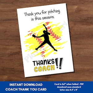 Thank You Card for Softball Coach | Printable Softball Coach Gift | End of Season Coach Appreciation Gift Idea | Instant Digital Download
