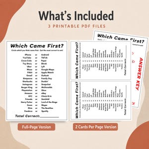 Three printable PDF files for a 'Which Came First?' trivia game, featuring a full-page version and a two-cards-per-page version in a clean layout with black text on a white background and warm tones. This team building trivia game provides versatile options for any group size.