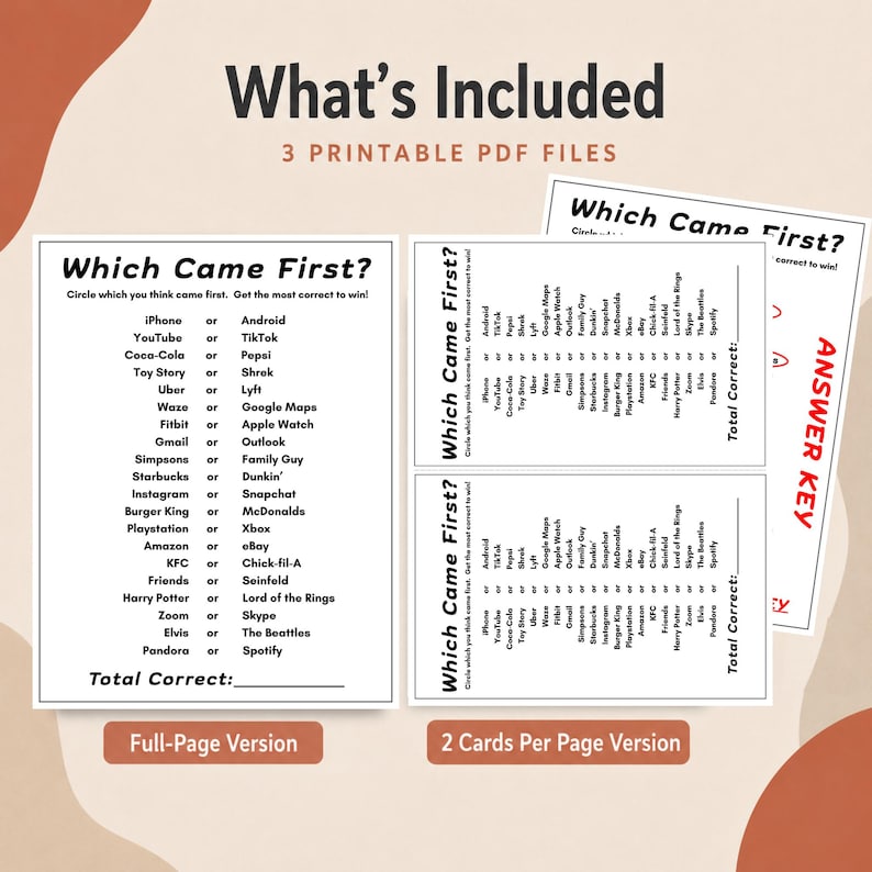 Three printable PDF files for a 'Which Came First?' trivia game, featuring a full-page version and a two-cards-per-page version in a clean layout with black text on a white background and warm tones. This team building trivia game provides versatile options for any group size.