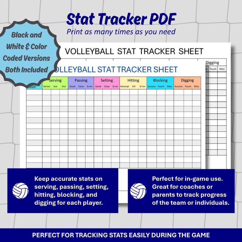 Volleyball Stat Tracker Spreadsheet for Coaches | Printable Stat Sheet PDF | Season Stats Excel ...