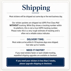 Navy and white shipping information panel with dispatch, delivery and upgrade notes. Listing: vintage wildlife and hunting stickers.