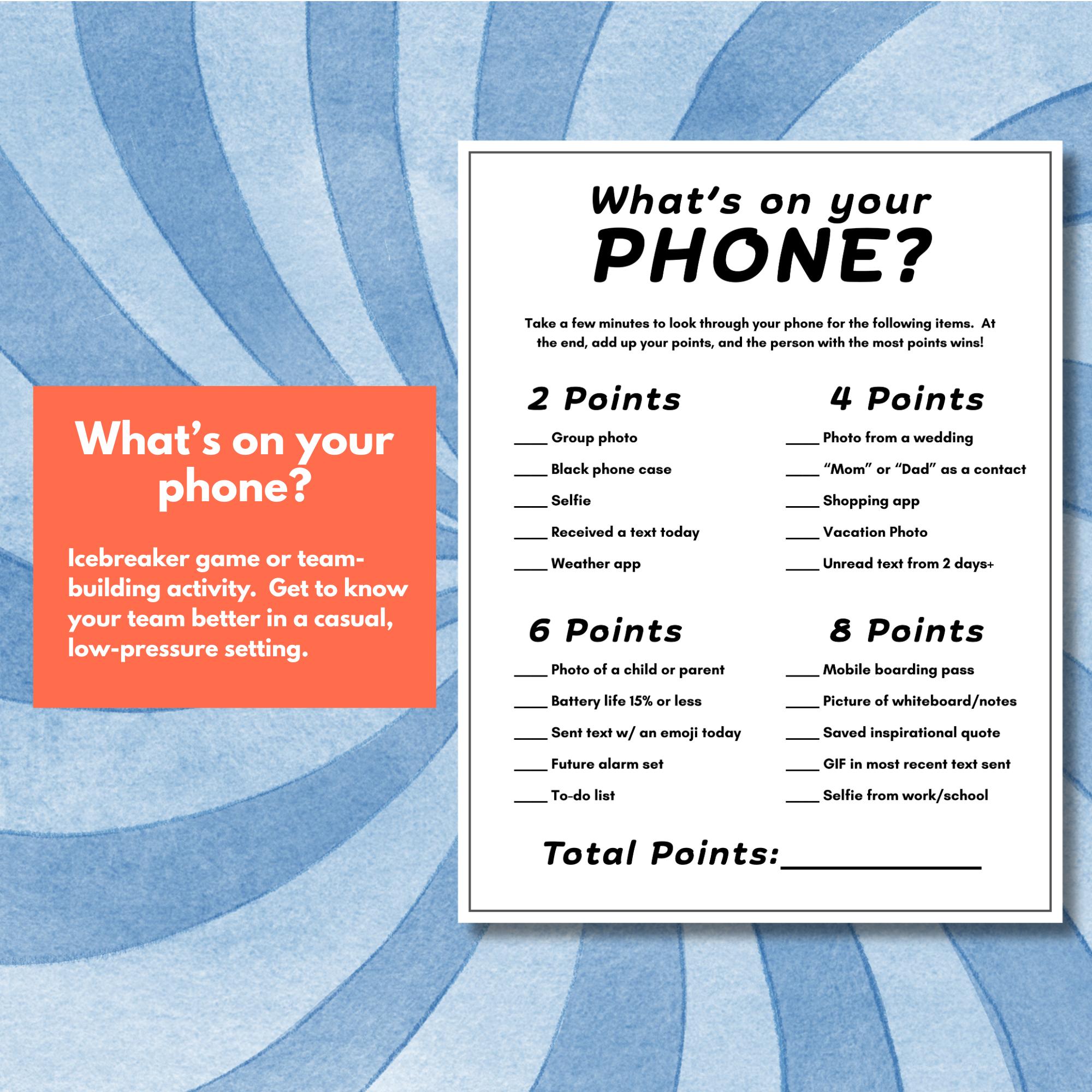 Icebreaker Game Printable Whats On Your Phone Game Phone Trivia Game Icebreaker Game Printable Whats On Your Phone Game Phone Trivia Game