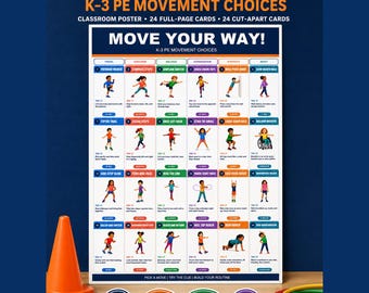 Kids Exercise Cards & PE Poster Bundle, 24 Movement Cards, Classroom Brain Breaks, Homeschool Physical Education Printable (Grades K-3)