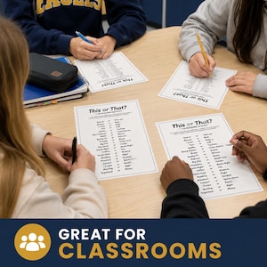 Four people seated around a light wood table working on printed this or that game sheets with pens, set against a dark blue banner. This setup is great for a classroom or office setting. It provides a fun, interactive get to know you game for students or colleagues during a team building event.