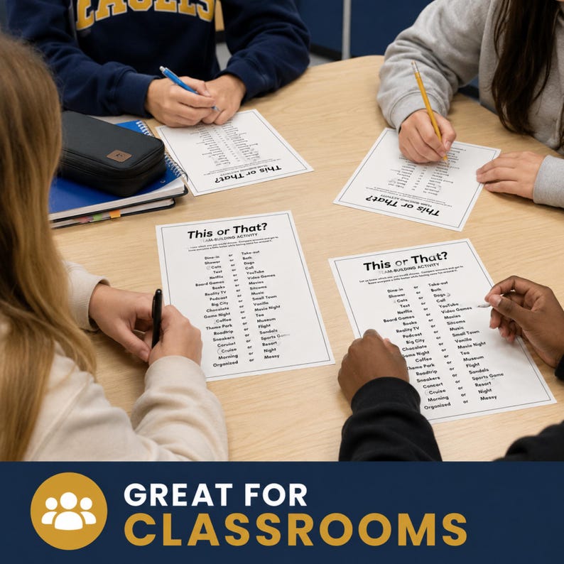 Four people seated around a light wood table working on printed this or that game sheets with pens, set against a dark blue banner. This setup is great for a classroom or office setting. It provides a fun, interactive get to know you game for students or colleagues during a team building event.