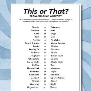 May include: A white paper with the title "This or That?" and a list of choices for a team-building activity. The choices include Dine-in or Take-out, Cats or Dogs, and Netflix or YouTube.