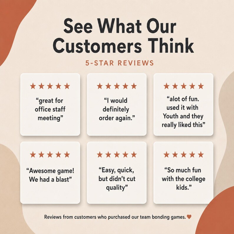 Six five-star customer review cards on a cream and rust background. Listing: Which Came First game and office icebreaker.