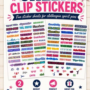 Cheer clip stickers Pinterest image featuring two colorful cheer-themed sticker sheets for making clothespin spirit pins. Designs include motivational cheer sayings, icons, bows, pom-poms, megaphones, and team spirit graphics. Perfect for cheer moms, cheerleaders, team gifts, spirit swaps, cheer bag clips, tournament favors, and DIY clothespin pins. Includes two fun designs with bright motivational sayings and a Shop on Etsy callout.