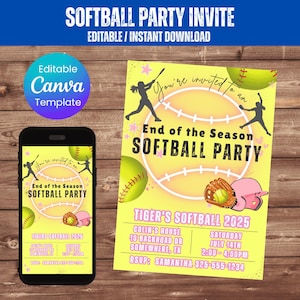 Invitación imprimible editable de softbol Descarga digital Plantilla Canva Enlace Celebración instantánea de cumpleaños de softbol Fiesta de softbol neón