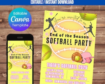 Softball Editable Printable Invitation Digital Download Canva Template Link Instant Softball Birthday Celebration Neon Softball Party