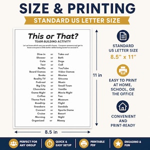 A promotional graphic for a this or that icebreaker game displaying a printable US Letter size sheet with preference choices and icons highlighting ease of use. This office icebreaker game printable is perfect for quick sessions. It works well as a get to know you game for any professional or social group.