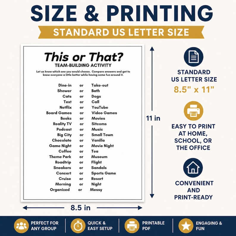 A promotional graphic for a this or that icebreaker game displaying a printable US Letter size sheet with preference choices and icons highlighting ease of use. This office icebreaker game printable is perfect for quick sessions. It works well as a get to know you game for any professional or social group.