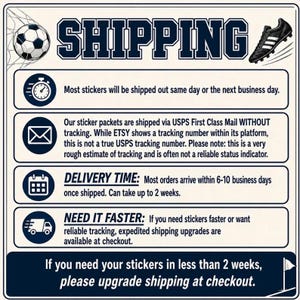 An informational shipping guide for soccer clip stickers featuring a white background with dark blue accents, soccer-themed graphics including a ball and cleat, and sections detailing shipping times and methods. These stickers make a wonderful player gift that is shipped quickly to ensure it arrives before the big game. The clear guide helps buyers understand delivery expectations for their order.