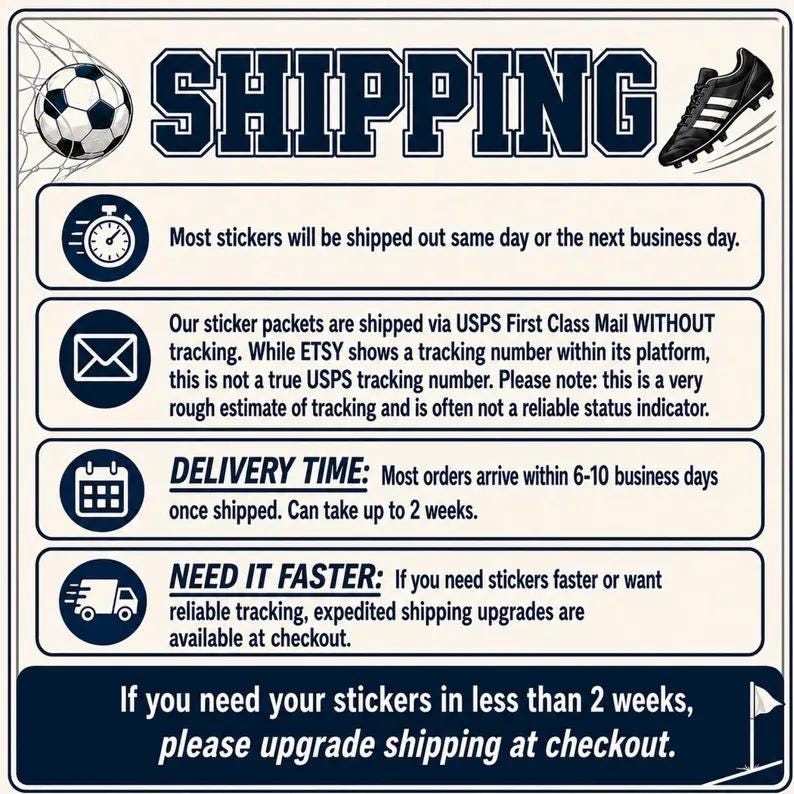 An informational shipping guide for soccer clip stickers featuring a white background with dark blue accents, soccer-themed graphics including a ball and cleat, and sections detailing shipping times and methods. These stickers make a wonderful player gift that is shipped quickly to ensure it arrives before the big game. The clear guide helps buyers understand delivery expectations for their order.