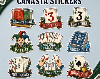 Canasta Stickers, 9 Pack Card Game Decals, Canasta Player Gift for Women, Game Night Friends, Card Club Partners or Tournament Bags