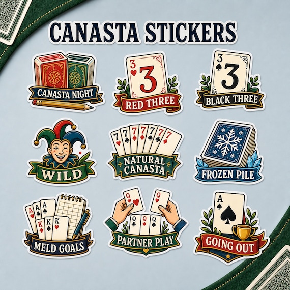 Nine-piece Canasta sticker pack with colorful card-game designs