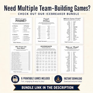 A promotional graphic for an icebreaker bundle featuring six different printable game cards like Finish-the-Phrase and Who Knows the Team Best. This bundle is a comprehensive solution for a team building event. It includes multiple ways to facilitate a fun meet and greet.