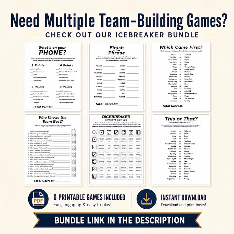 A promotional graphic for an icebreaker bundle featuring six different printable game cards like Finish-the-Phrase and Who Knows the Team Best. This bundle is a comprehensive solution for a team building event. It includes multiple ways to facilitate a fun meet and greet.