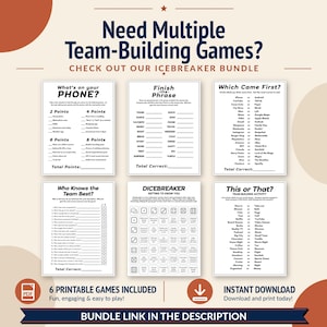 A promotional graphic for an icebreaker bundle featuring six different printable game sheets arranged in a two-row, three-column layout against a cream background with navy blue and terracotta accents. This digital download bundle offers multiple activities.