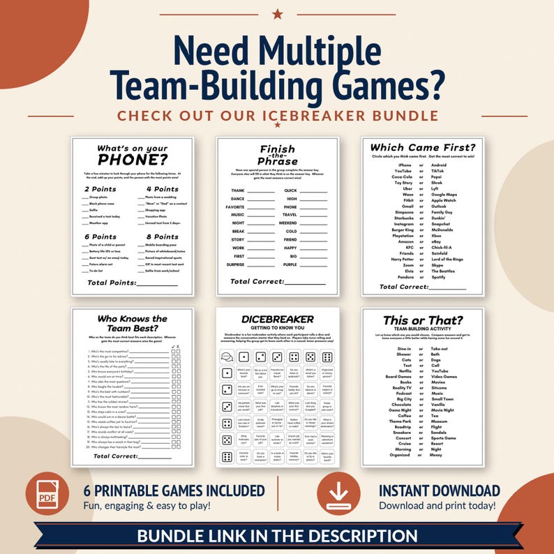A promotional graphic for an icebreaker bundle featuring six different printable game sheets arranged in a two-row, three-column layout against a cream background with navy blue and terracotta accents. This digital download bundle offers multiple activities.