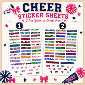 Cheer sticker sheets listing image showing both Design 1 and Design 2 options side by side. Includes colorful cheerleading sayings, mini cheer icons, pom poms, bows, hearts, stars, and megaphone graphics, helping buyers choose their favorite cheer clip sticker sheet for DIY clothespin pins.