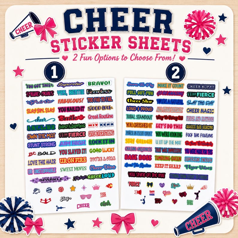 Cheer sticker sheets listing image showing both Design 1 and Design 2 options side by side. Includes colorful cheerleading sayings, mini cheer icons, pom poms, bows, hearts, stars, and megaphone graphics, helping buyers choose their favorite cheer clip sticker sheet for DIY clothespin pins.