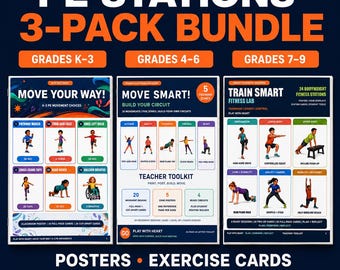 Kids Exercise Cards & PE Posters Bundle, Homeschool Physical Education, 3 Age Groups Grades K-9