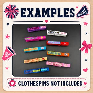 Examples of finished cheer clothespin clips decorated with colorful motivational cheer stickers. Listing image shows multiple completed clips and notes that clothespins are not included, making it clear this product is for cheer clip sticker sheets used in DIY team spirit projects.