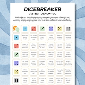 Icebreaker Game, Printable Dicebreaker Game, Dice Get To Know You Game, Easy Party Starter Game, Team Icebreaker Game, Office Party Game
