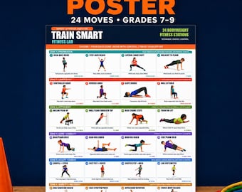 Teen Fitness Poster Printable, 24 Bodyweight Exercises for Grades 7-9, Middle School PE, Homeschool Physical Education Workout Wall Chart