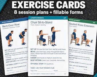 Printable Exercise Cards for Personal Trainers, 48 Illustrated Movement Cards, 8 Session Plans & 4 Fillable Forms, Adult Fitness Kit