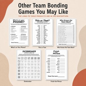 A collection of five printable team bonding games, including 'What's on your PHONE?', 'This or That?', 'Who Knows the Team Best?', 'DICEBREAKER', and 'Finish the Phrase', arranged on a beige background. These icebreaker games are perfect for a team building event.