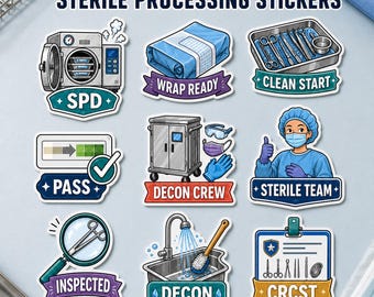 Sterile Processing Stickers, 9 Pack SPD Tech Decals, CRCST Gift for Sterile Processing Week, Graduation, Coworkers or Decon Team Staff