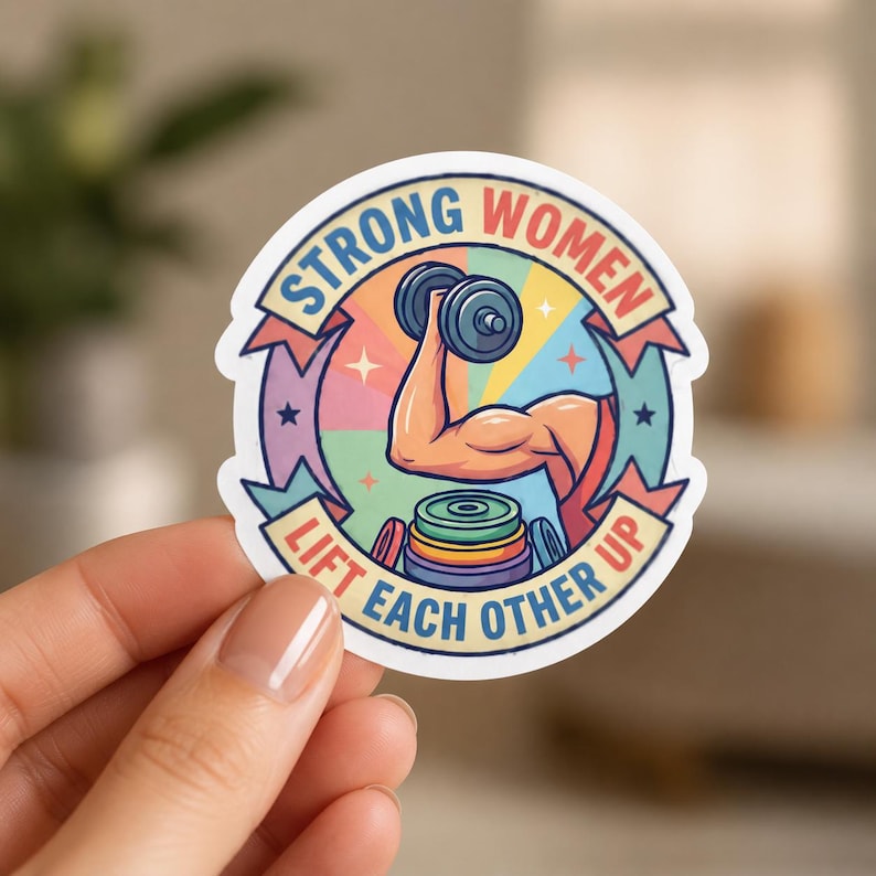 A hand holding a circular sticker featuring a muscular arm lifting a dumbbell with weight plates below. This close-up shot highlights the detailed graphic design of the female weightlifting stickers and their high-quality print.