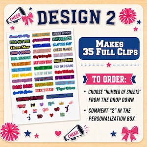 Cheer sticker sheet Design 2 listing image with colorful cheer sayings and icons for decorating clothespins. Text explains that one sheet makes 35 full clips and instructs buyers to choose number of sheets from the dropdown and comment “2” in the personalization box for this cheer sticker design.