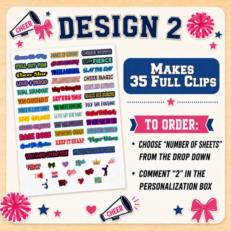 Cheer sticker sheet Design 2 listing image with colorful cheer sayings and icons for decorating clothespins. Text explains that one sheet makes 35 full clips and instructs buyers to choose number of sheets from the dropdown and comment “2” in the personalization box for this cheer sticker design.