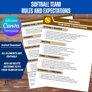 May include: Softball team rules and expectations template with editable Canva design. Includes sections on communication, academics, attitude, practices, games, and attendance. Features a baseball graphic and instant download option.