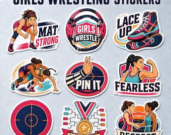 Girls Wrestling Stickers, 9 Pack Female Wrestler Decals, Wrestling Team Gifts for Athletes, Coaches, Senior Night or Tournament Bags