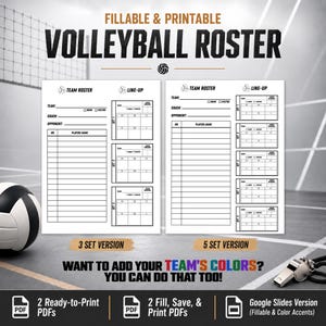 Volleyball Roster Lineup Sheet For Coaching 3 Set & 5 Set Printable Fillable PDF and Editable Google Slides Instant Download Coach Resource