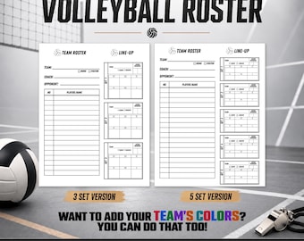 Volleyball Roster Lineup Sheet For Coaching 3 Set & 5 Set Printable Fillable PDF and Editable Google Slides Instant Download Coach Resource