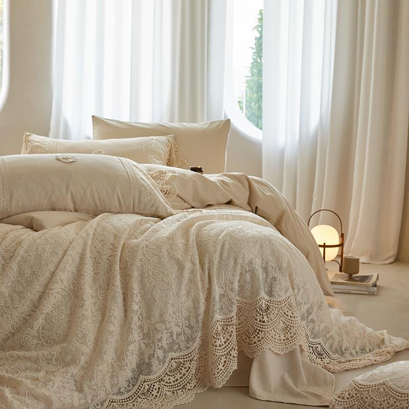 Embroidered lace Duvet Cover King/Queen Vintage Bedding Fresh Lace Ruffle Cotton Cottagecore bedding for bedroom decor French Cottage Style