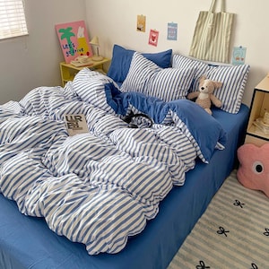 Set copripiumino moderno a righe blu, set di biancheria da letto con lenzuolo e federe, copripiumino, set da 4 pezzi per letto matrimoniale king size.