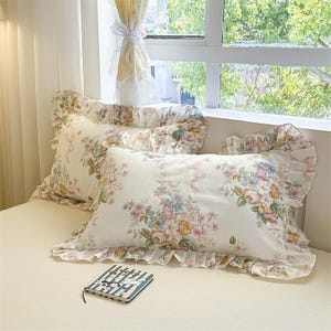 Fundas de almohada con volantes florales estilo shabby chic, estilo cottagecore, juego de fundas de cojín decorativas, estilo bohemio, funda de almohada de algodón suave para decoración de dormitorio, 2 piezas