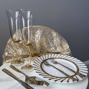 Gold wedding flutes and cake server set Crystal champagne glasses Cake plate and forks Wedding champagne flutes Cake cutting set