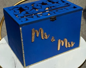 Blue wedding card box with slot Wedding card holder Wedding envelope box Wedding money box Gift card box for reception
